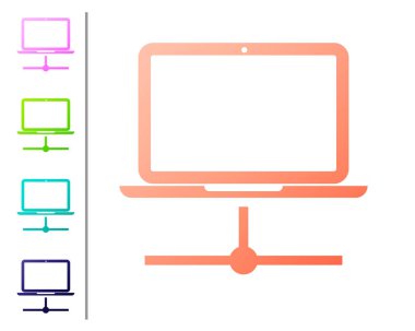 Mercan Bilgisayar ağ simgesi beyaz arka planda yalıtılmış. Dizüstü bilgisayar ağı. İnternet bağlantısı. Renk simgelerini ayarlayın. Vektör İllüstrasyonu