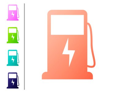 Coral Electric araba şarj istasyonu simgesi beyaz arka plan üzerinde izole. Eko elektrikli yakıt pompası işareti. Renk simgelerini ayarlayın. Vektör İllüstrasyonu