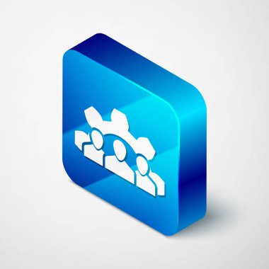 Beyaz arka planda yalıtılmış İzometrik Proje takım taban simgesi. İş analizi ve planlaması, danışmanlık, ekip çalışması, proje yönetimi. Geliştiriciler. Mavi kare düğmesi. Vektör İllüstrasyonu