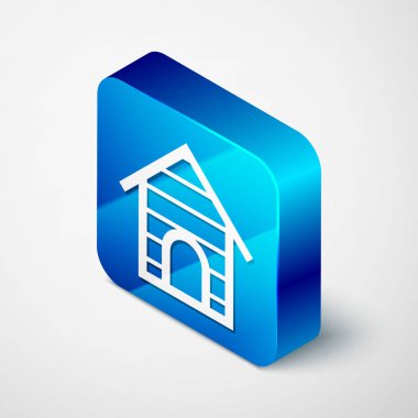 İzometrik Köpek ev simgesi beyaz arka plan üzerinde izole. Köpek kulübesi. Mavi kare düğmesi. Vektör İllüstrasyonu