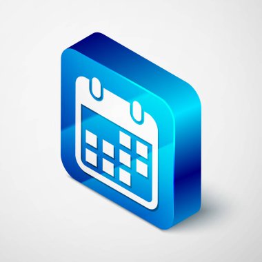 Beyaz arka planda yalıtılmış İzometrik Takvim simgesi. Mavi kare düğmesi. Vektör İllüstrasyonu