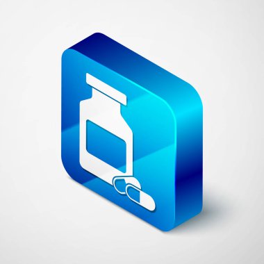 İzometrik Tıp şişe ve hap simgesi beyaz arka plan üzerinde izole. Şişe hapı işareti. Eczane tasarımı. Mavi kare düğmesi. Vektör İllüstrasyonu