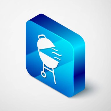 Isometrik Barbekü ızgara simgesi beyaz arka planda izole. Barbekü ızgara partisi. Mavi kare düğmesi. Vektör Illustration