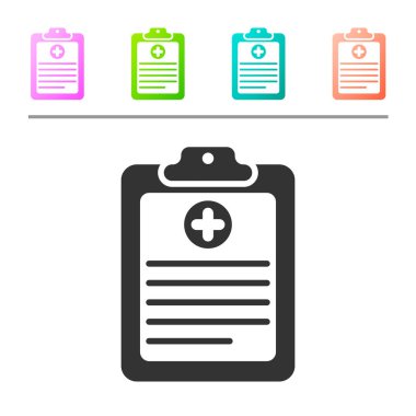 Beyaz arka planda izole klinik kayıt simgesi ile Gri Tıbbi pano. Sağlık sigortası formu. Belge: reçete, tıbbi kontrol işaretleri raporu. Simgeyi renk düğmelerinde ayarlayın. Vektör İllüstrasyonu