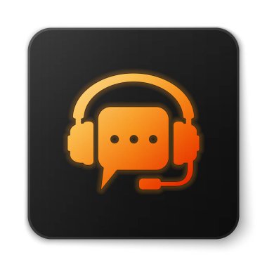 Turuncu parlayan Kulaklıklar beyaz arka plan üzerinde konuşma kabarcık simgesi ile. Destek müşteri hizmetleri, yardım hattı, çağrı merkezi, kılavuz, bakım, yardım. Siyah kare düğme. Vektör İllüstrasyonu