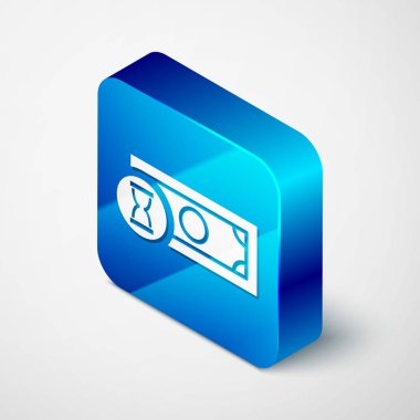 Isometrik hızlı ödeme simgesi beyaz arka planda yalıtılmış. Hızlı para transferi ödeme. Finansal hizmetler, hızlı kredi, zaman para, nakit geri kavramı. Mavi kare düğmesi. Vektör Illustration