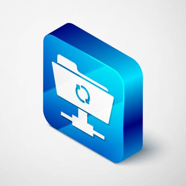 Beyaz arka planda yalıtılmış İzometrik Ftp eşitleme simgesi. Yazılım güncelleştirme, transfer protokolü, yönlendirici, takım çalışması araç yönetimi, kopyalama süreci kavramı. Mavi kare düğmesi. Vektör İllüstrasyonu