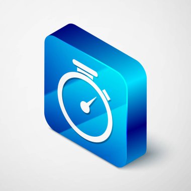 Beyaz arka planda yalıtılmış izometrik kronometre simgesi. Zaman Zamanlayıcısı işareti. Mavi kare düğmesi. Vektör Illustration