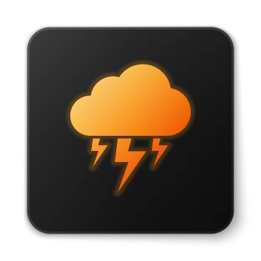 Turuncu parlayan Fırtına simgesi beyaz arka planda izole. Bulut ve şimşek işareti. Fırtınanın hava ikonu. Siyah kare düğme. Vektör İllüstrasyonu