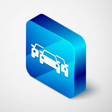 Beyaz arka planda izole edilmiş İzometrik Arabalar simgesi. Mavi kare düğmesi. Vektör İllüstrasyonu