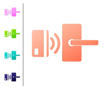 Beyaz arka planda izole kilidini simgesi için kablosuz teknolojisi ile Coral dijital kapı kilidi. Kapı kolu işareti. Konsept güvenlik akıllı ev. Renk simgeleri ayarlayın. Vektör Illustration