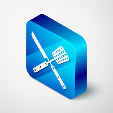 İzometrik Çapraz çatal ve bıçak simgesi beyaz arka plan üzerinde izole. Barbekü çatal ve bıçak işareti. Barbekü ve ızgara aletleri. Mavi kare düğmesi. Vektör İllüstrasyonu