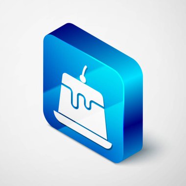 Beyaz arka plan üzerinde izole karamel sır simgesi ile İzometrik Puding muhallebi. Mavi kare düğmesi. Vektör İllüstrasyonu