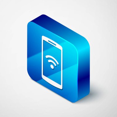 Beyaz arka planda ücretsiz wi-fi kablosuz bağlantı simgesine sahip İzometrik Akıllı Telefon. Kablosuz teknoloji, wi-fi bağlantısı, kablosuz ağ, etkin nokta kavramları. Mavi kare düğmesi. Vektör İllüstrasyonu
