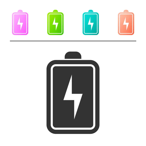 Icono de batería gris aislado sobre fondo blanco. Rayo símbolo del perno. Establecer icono en los botones de color. Ilustración vectorial — Vector de stock