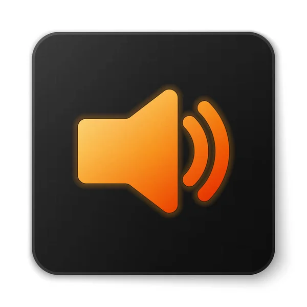 Icono de volumen de altavoz brillante naranja: símbolo de sonido de voz de audio, icono de música multimedia aislado sobre fondo blanco. Botón cuadrado negro. Ilustración vectorial — Vector de stock