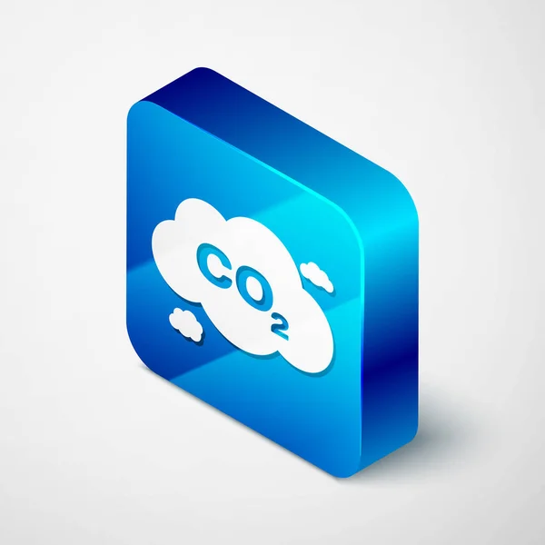 Isometrische CO2-emissies in Cloud icoon geïsoleerd op witte achtergrond. Kooldioxide formule symbool, smog vervuiling concept, milieu concept. Blauwe vierkante knop. Vector illustratie — Stockvector