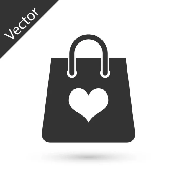 Graue Einkaufstasche mit Herz-Symbol auf weißem Hintergrund. Shopping Bag Shop Liebe wie Herz Ikone. Valentinstag-Symbol. Vektorillustration — Stockvektor