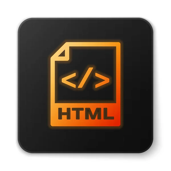 橙色发光的 Html 文件文档图标。下载 html 按钮图标隔离在白色背景。Html 文件符号。标记语言符号。黑色正方形按钮。矢量插图 — 图库矢量图片