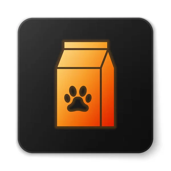 Оранжевый светящийся мешок еды для питомца иконка изолированы на белом фоне. Корм для животных. Пакет с пищей. Отпечаток лапы собаки или кошки. Черная квадратная кнопка. Векторная миграция — стоковый вектор