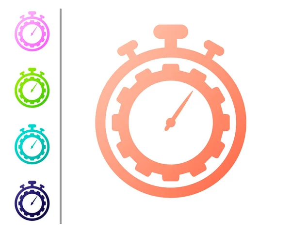 Coral Time Management ikona na białym tle. Zegar i znak biegów. Symbol produktywności. Ustawianie ikon kolorów. Ilustracja wektorowa — Wektor stockowy