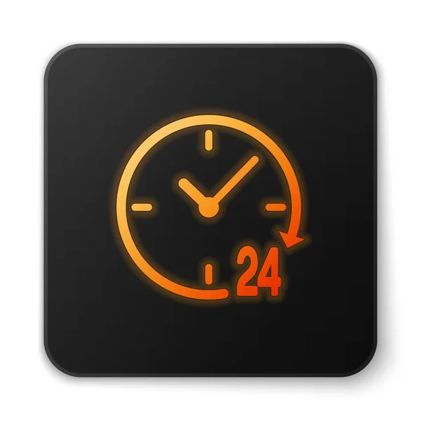 Orange glühende Uhr 24 Stunden Symbol isoliert auf weißem Hintergrund. ganztägige zyklische Ikone. 24 Stunden Service-Symbol. schwarzer quadratischer Knopf. Vektorillustration — Stockvektor