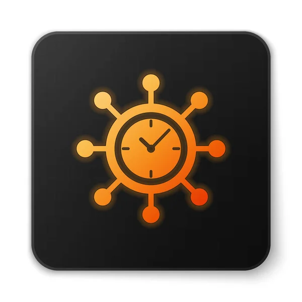 Reloj brillante naranja y engranaje icono aislado sobre fondo blanco. Símbolo de gestión del tiempo. Concepto de negocio. Hub y radios e icono de reloj sólido. Botón cuadrado negro. Ilustración vectorial — Vector de stock