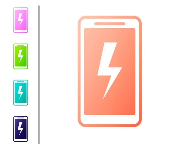 Koraal smartphone opladen batterijpictogram geïsoleerd op witte achtergrond. Telefoon met een lage batterijlading. Kleur pictogrammen instellen. Vector illustratie — Stockvector