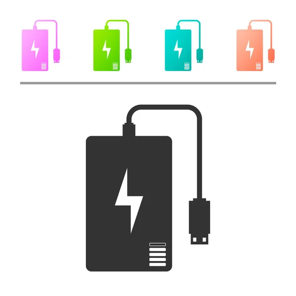 Grijze Power Bank met verschillende Charge kabel icoon geïsoleerd op witte achtergrond. Draagbaar oplaadapparaat. Pictogram in kleur knoppen instellen. Vector illustratie — Stockvector