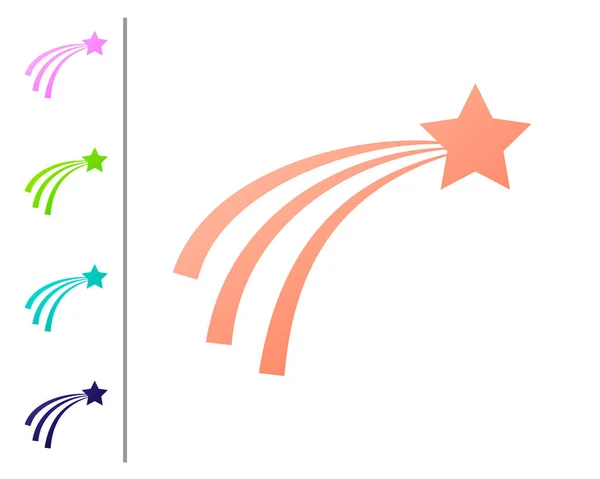 Korallen Sternschnuppen Ikone isoliert auf weißem Hintergrund. Sternschnuppe mit Sternschnuppe. Meteoroid, Meteorit, Komet, Asteroid, Sternsymbol. Farbsymbole setzen. Vektorillustration — Stockvektor