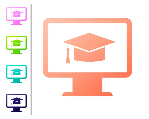 Coral Computer monitor with graduation cap icon isolated on white background. Online learning or e-learning concept. Internet knowledge symbol. Set icon in color buttons. Vector Illustration — Stock Vector
