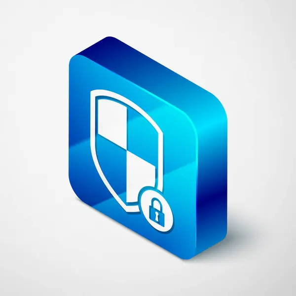 Sicurezza dello scudo isometrico con icona di blocco isolata su sfondo bianco. Protezione, sicurezza, sicurezza delle password. Segnale privacy accesso firewall. Pulsante quadrato blu. Illustrazione vettoriale — Vettoriale Stock