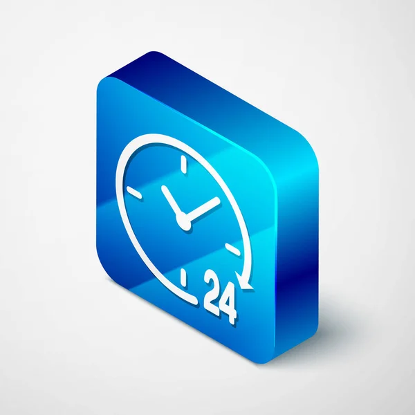 Ізометричний годинник 24 години ізольований на білому тлі. Цілоденна циклічна ікона. 24 години символу служби. Синя квадратна кнопка. Векторний приклад — стоковий вектор