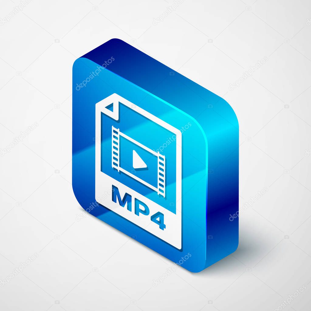 Isometric MP4 file document icon. Download mp4 button icon isolated on white background. MP4 file symbol. Blue square button. Vector Illustration