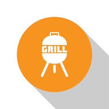 Beyaz Barbekü Izgara simgesi beyaz arkaplanda izole edildi. Barbekü ızgara partisi. Turuncu daire düğmesi. Vektör İllüstrasyonu