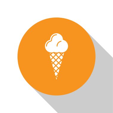 Beyaz arka planda izole edilmiş waffle külahında beyaz dondurma. Güzel sembol. Turuncu daire düğmesi. Vektör İllüstrasyonu