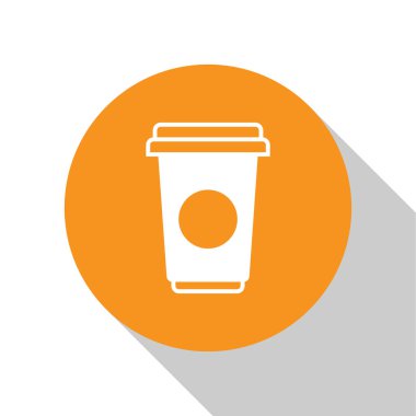 Beyaz arka planda beyaz kahve fincanı simgesi izole edildi. Tek kullanımlık kahve bardağı ve sıcak kahve. Turuncu daire düğmesi. Vektör İllüstrasyonu