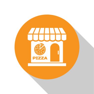 Beyaz Pizzacı ön cephe simgesi beyaz arka planda izole edildi. Fast food pizzacı büfesi. Turuncu daire düğmesi. Vektör İllüstrasyonu