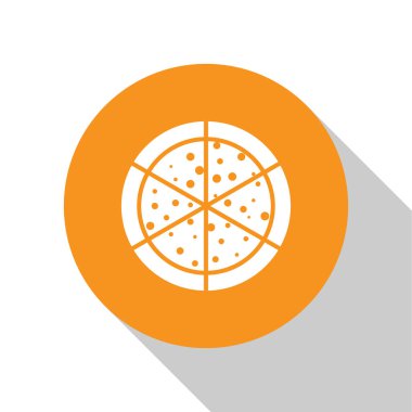 Beyaz pizza simgesi beyaz arkaplanda izole edilmiş. Turuncu daire düğmesi. Vektör İllüstrasyonu