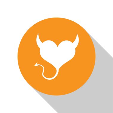 Beyaz şeytan kalbi boynuzları ve kuyruk simgesi beyaz arka planda izole. Sevgililer günü sembolü. Turuncu daire düğmesi. Vektör Illustration