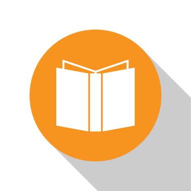 Beyaz arkaplanda Beyaz Açık kitap simgesi izole edildi. Turuncu daire düğmesi. Vektör İllüstrasyonu
