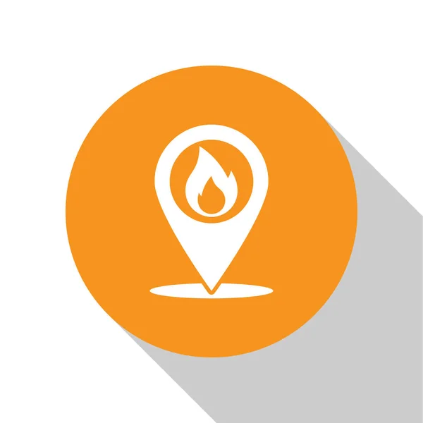 White Map pointer with fire flame icon isolated on white background. Fire nearby. Orange circle button. Vector Illustration