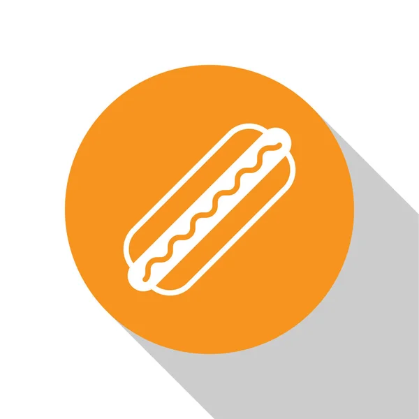 Sandwich hot-dog blanc avec icône moutarde isolée sur fond blanc. Icône de saucisse. Signe de restauration rapide. Bouton rond orange. Illustration vectorielle — Image vectorielle