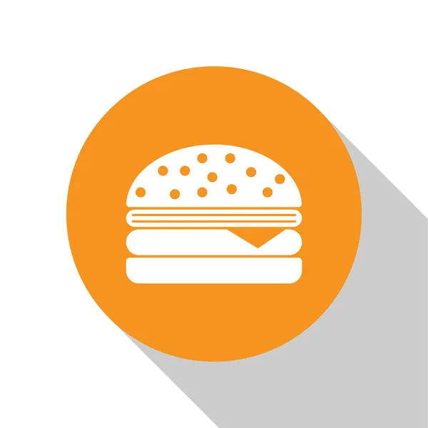 White Burger icon isolated on white background. Hamburger icon. Cheeseburger sandwich sign. Orange circle button. Vector Illustration — Stock Vector