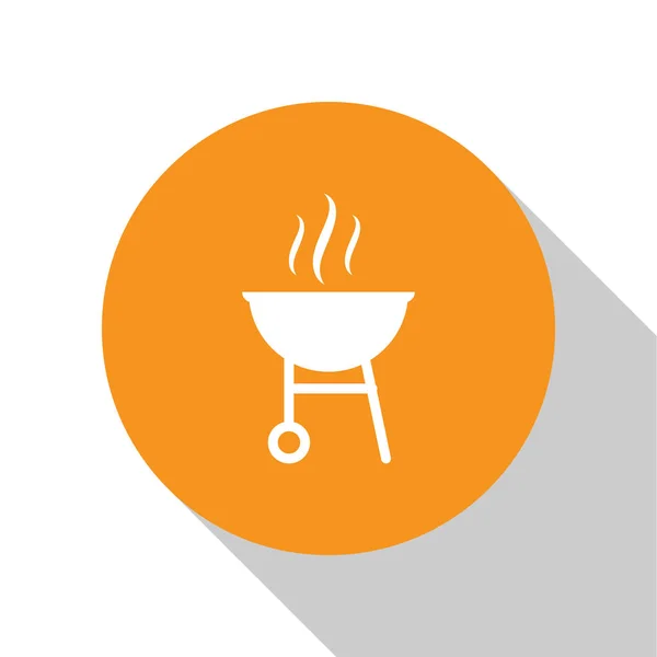 White Barbecue grill icon isolated on white background. BBQ grill party. Orange circle button. Vector Illustration — Stock Vector