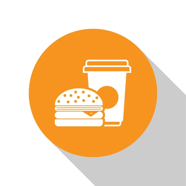 Icône Café blanc et hamburger isolé sur fond blanc. Symbole de restauration rapide. Bouton rond orange. Illustration vectorielle — Image vectorielle
