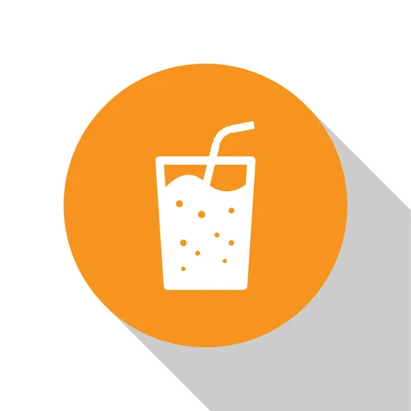 Weißes Glas mit Wassersymbol isoliert auf weißem Hintergrund. Soda-Trinkglas mit Trinkhalm. frisches Kaltgetränk Symbol. orange Kreis-Taste. Vektorillustration — Stockvektor