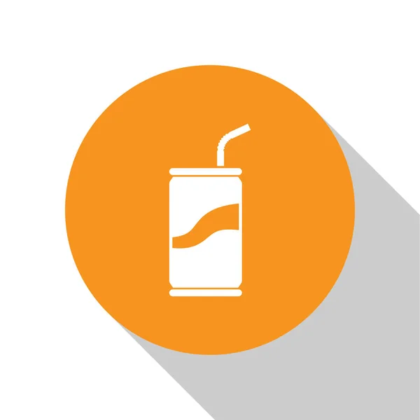 Lata de refrigerante branco com beber ícone de palha isolado no fundo branco. Botão laranja círculo. Ilustração vetorial — Vetor de Stock