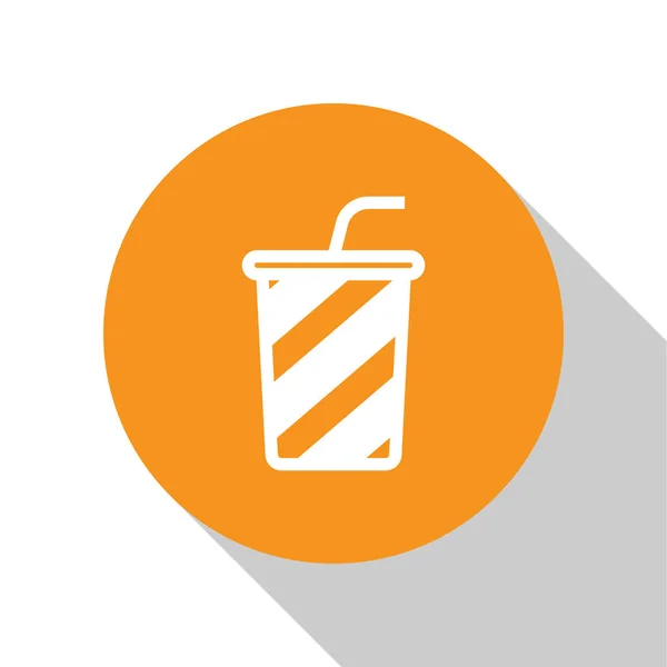 Verre blanc avec icône d'eau isolée sur fond blanc. Verre à soda avec paille à boire. Symbole de boisson fraîche froide. Bouton rond orange. Illustration vectorielle — Image vectorielle