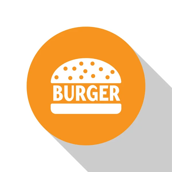 White-Burger-Symbol isoliert auf weißem Hintergrund. Hamburger Ikone. Cheeseburger Sandwich-Schild. orange Kreis-Taste. Vektorillustration — Stockvektor